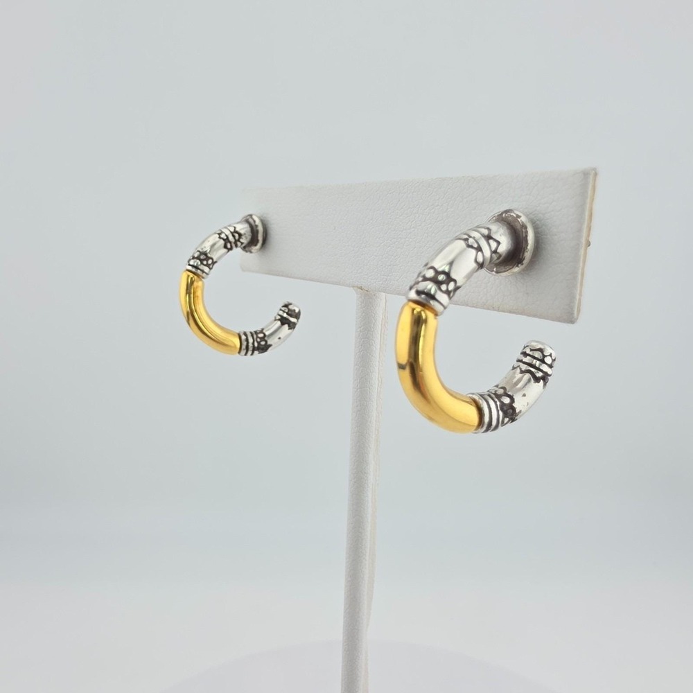BRIGHTON Half Hoop Earrings Western Ornate Scrollwork Silver & Gold Plate 1"